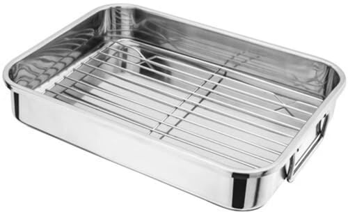 30cm Stainless Steel Roasting Tray with Rack Oven Baking Dish Pan with Handles Heavy Duty Roaster Tin for Chicken Turkey Meat & Vegetables Easy Clean & Dishwasher Safe