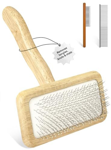Dog Slicker Brush for Grooming & Shedding， Puppy Brush for Short or Medium-Haired Dogs with an Air-Cushion Design and Coated Tips, Suitable for Removing Loose Hair, Tangles, and Knots. (beige)