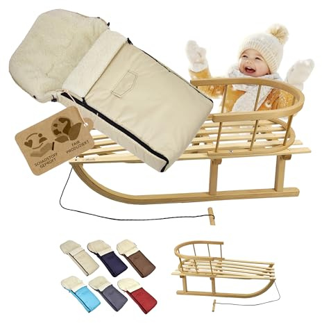 BambiniWelt - Slitta in legno con schienale e corda di trazione + sacco nanna invernale 90 cm, in lana d'agnello, impermeabile, set combinato per passeggino e passeggino (beige)