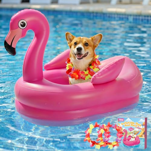 Tivray Hundepool Schwimmring, Aufblasbares Hunde Floß Flamingo, Hundeschwimmhilfe mit 2 Kränzen, Pool Float für Welpen und Hunde, Sommer Wasserspielzeug für Pool Strand See Fluss, Magenta