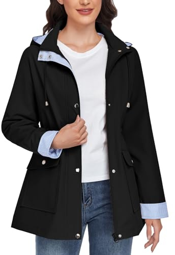 CMTOP Giacca Impermeabile Donna Giacca Antipioggia Lungo con Cappuccio Giubbino Leggera Antivento Cappotto Elegante Casual Trench Outdoor Primavera Autunno(Nero, L)