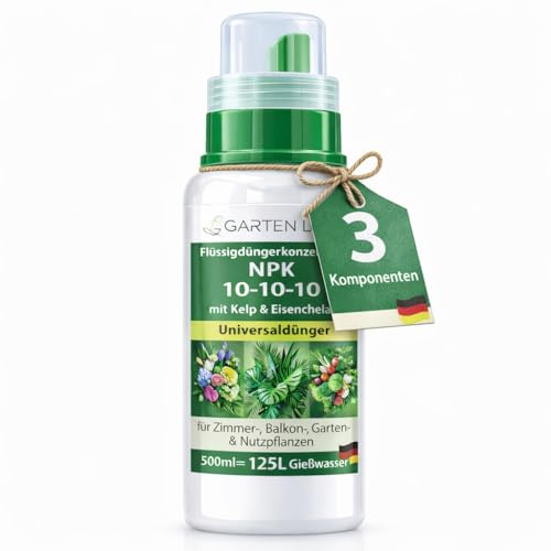 Garten Lux Fertilizante Líquido NPK 10-10-10 Concentrado con Kelp y Hierro Quelado – Abono Universal para Plantas de Interior, Jardín y Huerto Urbano – 500 ml hasta 125 L