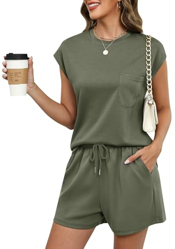 Rapbin Womens Tracksuit Set Two Piece Outfit Loungewear Co ord Sets Casual Summer Cap Sleeve Tops and Shorts Bottoms with Pockets Drawstring