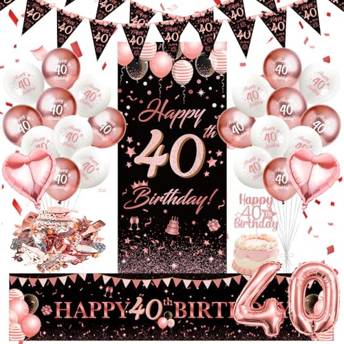 WenmthG 40 Geburtstag Deko Frauen, Roségold Dekorationen zum 40 Jahre | 40. Geburtstag Deko mit Girlande, Banner, Zahlen Luftballon, Konfetti, Tortendeko, Dreieck Flagge Banner