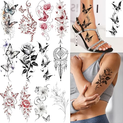 Floruvia 12 Sheets Temporary Tattoos Butterfly Flowers, Water-Resistant Tattoo Stickers with Rose Peony Lily, for Hands Feet Legs Body