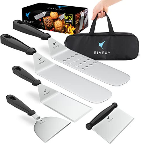 Rivexy 5-PCS Premium Griddle Accessories Kit, Ultimate Stainless Steel Flat Top Grill Accessories for Blackstone BBQ, Teppanyaki, Hibachi – Durable Griddle Spatula, Ideal for Outdoor & Camping