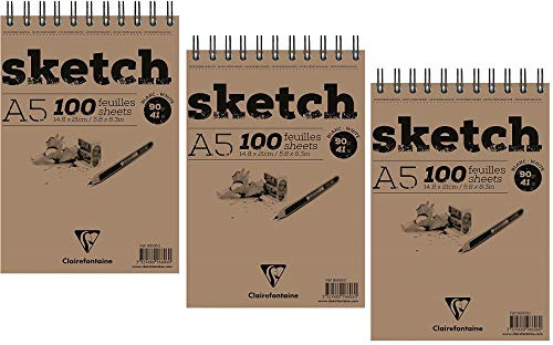 Clairefontaine 96606C Skizzenblock Sketch (100 Blatt, DIN A5, 14,8 x 21 cm, Spiral, mikroperforiert, 90 g) weiß (Weiß, 14,8 x 21 cm/ 100 Blatt | 3er Pack)