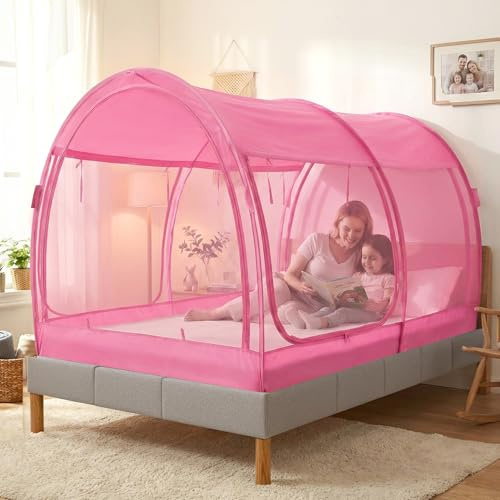 LEEDOR Moskitonetz, Bettzelt, Sichtschutz, Privatsphäre, für Kinder oder Erwachsene, für Doppelbetten, 190 x 137 x 119 cm (Matratze Nicht im Lieferumfang enthalten), rosa