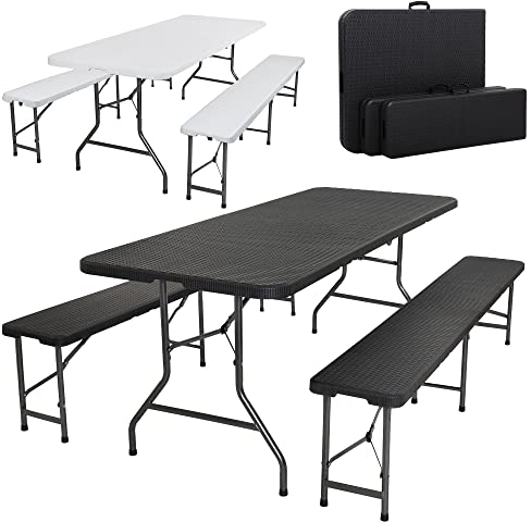 AREBOS Set tavolo pieghevole da campeggio con 2 panche | Set tavolo da giardino effetto rattan per 8 persone | Resistente UV e intemperie | Struttura in acciaio stabile | Facile da trasportare