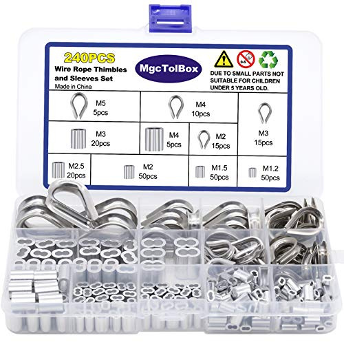 Drahtseil Kauschen & Aluminium Pressklemmen, Seilklemme - Kit für Ø 1.2mm/1.5mm/2mm/2.5mm/3mm/4mm Drahtseil Kabel, Stahlseil und wäscheleine(240 Stück)