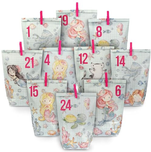 Papierdrachen Adventskalender 2025 zum Befüllen - 24 türkisfarbene Papiertüten mit Zahlenaufklebern - Motiv Meerjungfrau - DIY - zum Basteln - Weihnachten