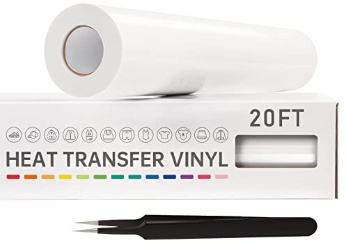 VinylRus Heat Transfer Vinyl-12” x 20ft White Iron on Vinyl Roll for Shirts, HTV Vinyl for Silhouette Cameo, Easy to Cut & Weed