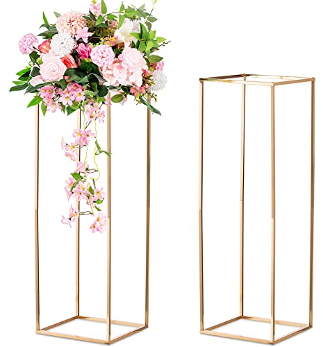 Sziqiqi 2 Stück Hochzeit Mittelstücke Gold Vasen- Hoch Blumenständer Metall Bodenvase Säule Geometrische Mittelstücke Steht Rechteckiges Display Rack für Hochzeiten Partydekoration, 80cm