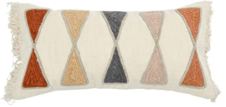 Bloomingville Embroidered Cotton Lumbar Pillow with Fringe, Terracotta Multicolor