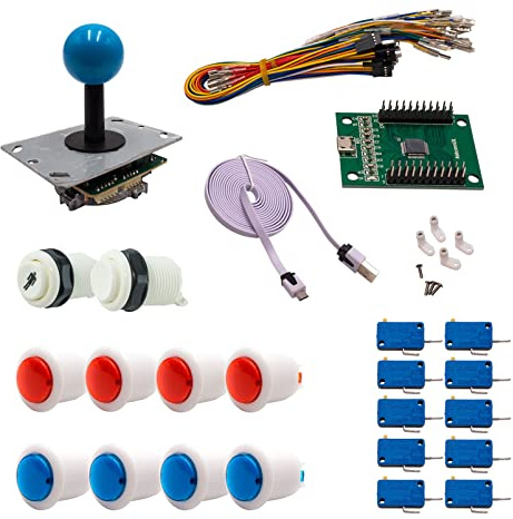 Kit Joysticks et boutons Arcade 1 Joueur Boutons Bicolores Blancs Joystick PCB Tige Noire Boule Carte XinMoTek Jeux Vidéo Retro Gaming
