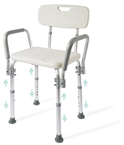 EMKE Duschstuhl Duschhocker für senioren Duschstuhl mit Armlehne und Rückenlehne Duschhocker Höhenverstellbar,bis 135KG, Weiß