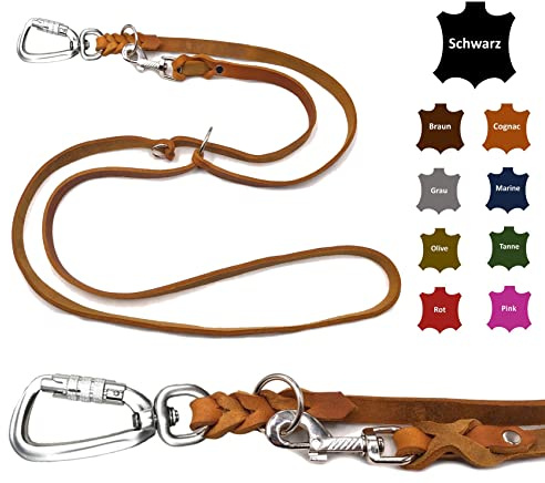 Hundeleine Fettleder mit Sicherheitshaken + Edelstahlringe/Hundeleine große Hunde/Hundeleine Leder bis 100Kg (Cognac, 2,80m)