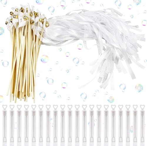Giugio Bacchetta di Banderole di Matrimonio con campane, 20 pz Nastro di Matrimonio Bacchetta Bianco Bastoni Nastro, Bacchetta di Matrimonio Nastro di Seta per Matrimoni Compleanni Natale Feste