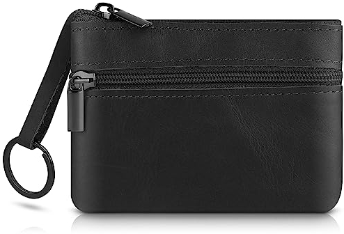 Amaxiu Herren Geldbörse aus echtem Leder mit Reißverschluss, Münzfach aus Rindsleder mit Reißverschluss und Schlüsselanhänger Wallets Kleingeldhalter Münz Organizer für Herren (Schwarz)