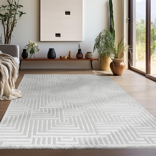 Teppium Moderner Kurzflor Teppich Wohnzimmer 160x230 cm Silber - 3D Boho Teppich Waschbar, Skandinavisches Stil, Geometrisch und Weich - für Schlafzimmer, Esszimmer oder Küche