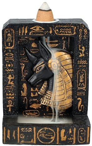 Anubis - Porta incenso egiziano, altezza 10 cm, dipinto a mano con geroglifici, cascata
