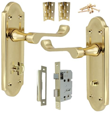 Ashford Ensemble de poignées de porte en laiton – Verrou pour salle de bain, toilettes, serrure à mortaise à 3 leviers avec charnières de 7,6 cm, plaque arrière de 168 mm x 47 mm pour portes