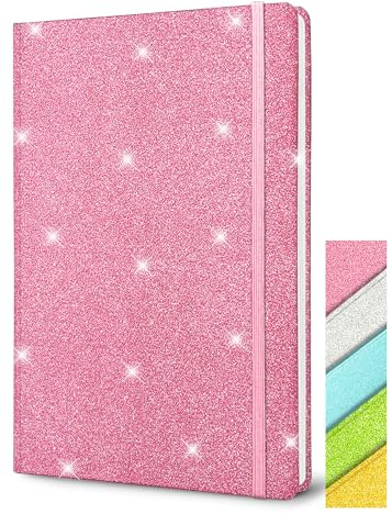 Rosa Glitter A5 Anteckningsbok Hårdpärm, 21 x 14,5 cm, 160 Sidor Linjerad Anteckningsbok för Flickor Dagbok för Kvinnor Tomma Anteckningsblock med Hårt Omslag för Jobbet Present till Flickor