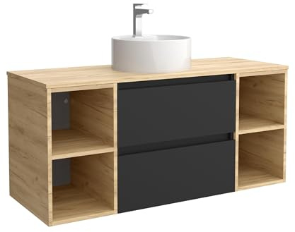 Salgar Mueble de Baño Bequia Plus 120 cm 2 cajones Negro Mate y 2 coquetas Laterales 2 Huecos Roble con Lavabo sobre encimera