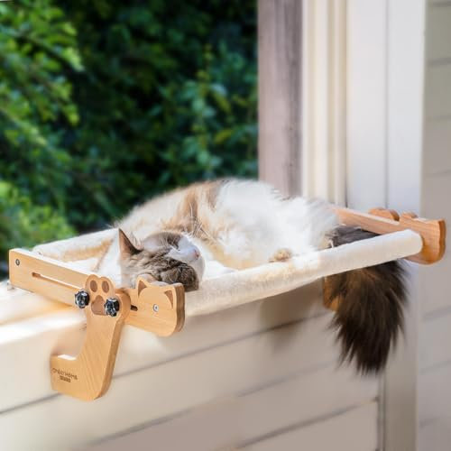CHEERHOME PETS Cat Window Perch for Large Cats Bed Window Hammock with Cushion Cat Shelf Adjustable Cat Seat for Bedside Windowsill and Cabinet, Nartural Wooden Cat Furniture(Large)