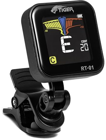 Tiger RT-01 uppladdningsbar clip-on kromatisk stämare – exakt och exakt inställning för elektrisk, akustisk, basgitarr, ukulele, banjo och fiol med USB-C-laddning och display med hög kontrast