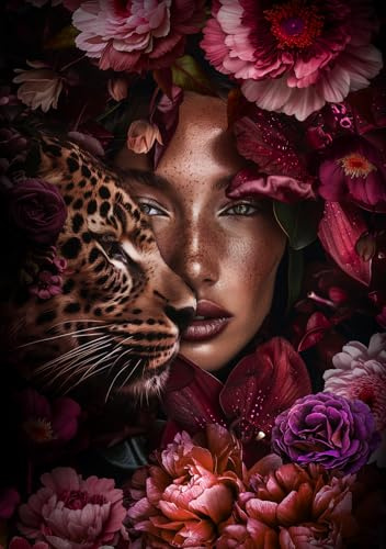 STYLER Glasbild Jasmin 80 x 120 cm I Wandbild aus Glas modern für Wohnzimmer Schlafzimmer Büro Flur I groß XXL ausgefallen Frau Leopard Blumen rot exotisch