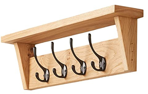 Fox & Grain Solid Oak Coat Rack with Shelf and 4 Double Hooks
