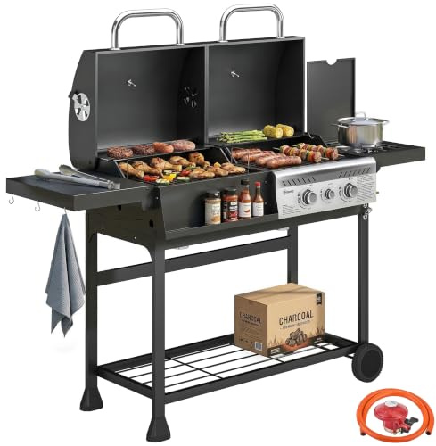 Outsunny Dual Fuel BBQ Grill, Charcoal and 2+1 Gas Burner Barbecue Grill with Wheels, Warming Rack, Shelves, Thermometer, Bottle Opener for Home Patio Garden Party Outdoor Cooking, Black