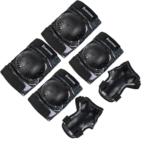 Kids/Youth Knee Pad Elbow Pads Guards Protective Gear Set for Roller Skates Cycling BMX Bike Skateboard Inline Skatings Scooter Riding Sports (Starry Black, Medium(6-15 years))