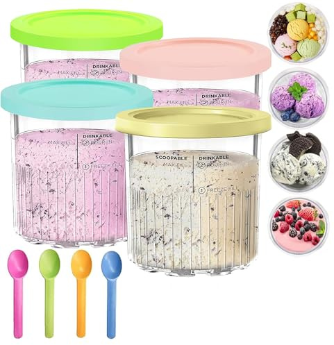 Neuytiky 4 Stück Eiscreme Behälter,Mit vier Löffeln,Mit Deckel Wiederverwendbare Creami Tubs,Kompatibel mit Ninja Creami Deluxe Ice Cream Maker NC500 NC501 Series