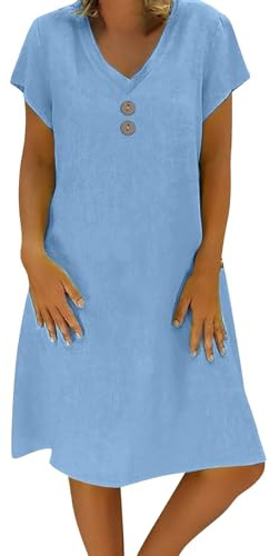 Linen Summer Dresses for Women UK Casual V Neck Midi Dress Short Sleeve A-line Sundress Ladies Tunic Boho Beach Dresses Solid Color Party Elegant Dress