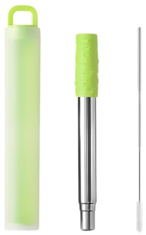 Portable Drinking Straws, Adjustable Height Stainless Steel Reusable Straws, Metal Straws Drinking Set with Silicone Tips and Cleaning Brush for Travel, Home, Office Use
