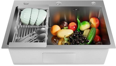 Stainless Steel Kitchen Sink Large Bowl Sinks, 66x45cm Undermount and Topmount Sinks with Drain Basket, Suitable for Kitchen, Bathroom, Caravan Travelling, Silver (66x45cm)