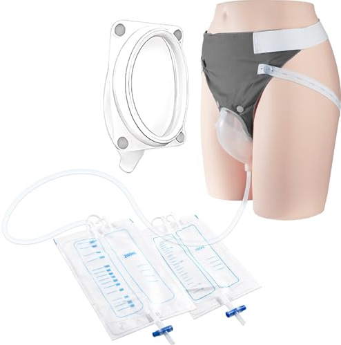 Wearable Urine Collector with Breathable Fixed Pants Reusable Silicone Urine Catching Capsule and Two Urinary Bags 2000ml and 1000ml for Day and Night Use, Elderly Men Grey