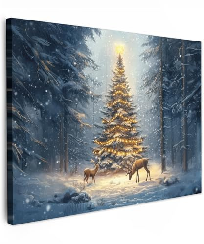 MuchoWow© Cuadros Decoracion Salon Modernos 80x60 cm Dormitorios Cuadro Decorativos Lienzos Decorativo Decoración Cabecero Cama Navidad Bosque - Ciervo