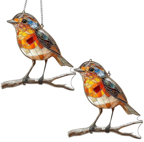 WaaRiuQ Robin Ornaments, 2 Pack Robin Garden Ornaments Outdoor, Handcrafted for Memorial Garden Decor, Sun Catchers for Outdoor Decoration, 8 X 8 X 0.2 Cm