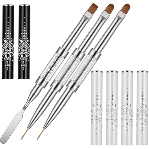 Sibba 3 PCS Double Ended Nail Art Brushes Set French Manicure Art Brushes Nails Design Detailing Painting Drawing Liner Brush Pen & Stainless Steel Cuticle Pusher Cleaner Nail Builder Polish Gel Brush