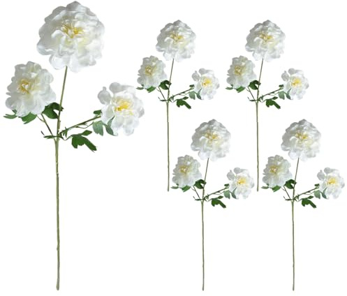 Fictory Fiori di geranio artificiali, confezione da 5 gerani finti bianchi con 3 fiori ciascuno, steli pieghevoli per decorazione domestica, centrotavola, composizione vasi