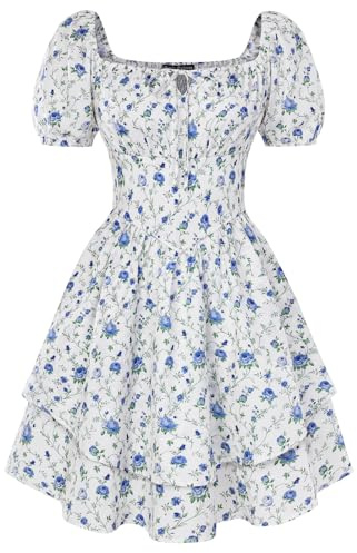 SCARLET DARKNESS Women's Summer Corset Dress Puff Sleeves Floral Short Dress Mini A-line Dresses for Beach