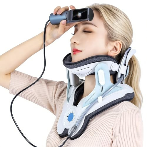 Neck Traction Device for Pain Relief, Cervical Traction Device with Electric Air Pump, Adjustable Neck Stretcher for Home Use, Lightweight & Portable Neck Support for Men and Women (Blue)