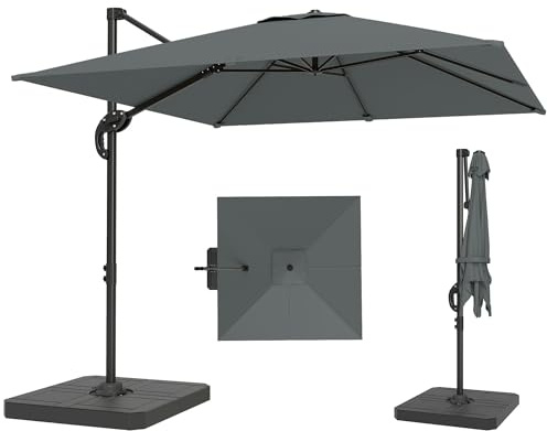 Outsunny Parasol déporté carré 2,4x2,4m avec pied et dalles lestage - parasol de jardin extérieur, mât aluminium et rotatif 360° par pédale - UV50+ et inclinaison 5 positions pour terrasse, gris