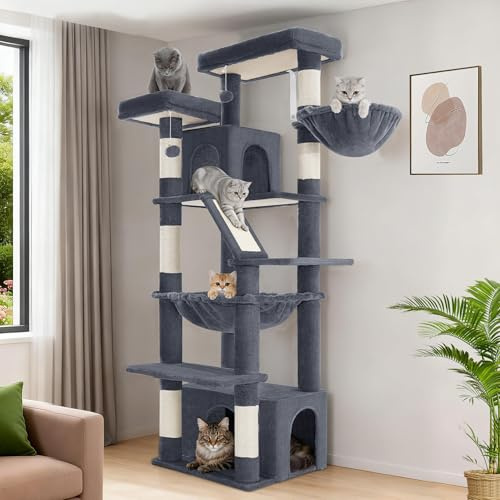 Hzuaneri Kratzbaum Groß, 183 cm Hoch, XL Katzenbaum, 2 Plattformen, 2 Höhlen, 6 Kratzstämme, Kratzbrett, Katzenkorb, Hängematte, Geeignet für Alle Katzenrassen, Maine Coon, Dunkelgrau MS18318SG
