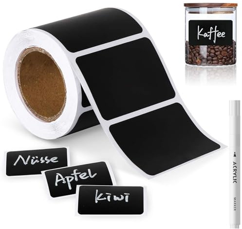 300 Etiquetas Adhesivas de Pizarra en Rollo, Pegatinas Cocina Impermeables 5,5 x 3,5 cm para Botes de Especias, Tarros de Cristal y Despensa, Incluye 1 Rotulador de Tiza Blanca