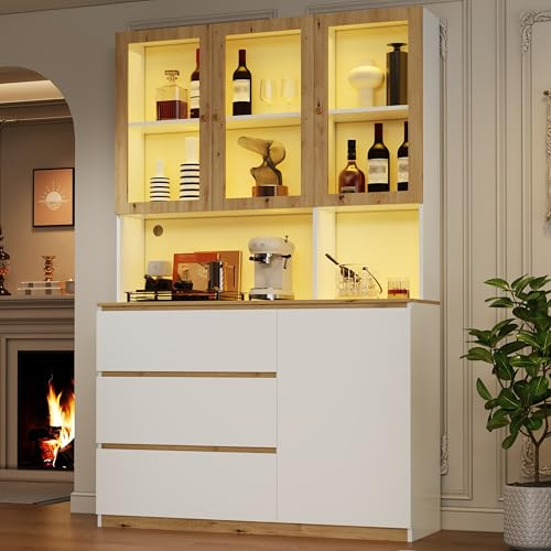 kozamas Vitrine Hochschrank 120x200 cm Standvitrine mit LED & Kabelmanagement – Sammlervitrine mit Arbeitsplatte, Glasvitrine und Aufbewahrungsschrank für Wohnzimmer, Küche, Büro, Weiß & Eiche