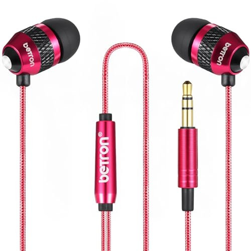 Betron B25 Earphones, Noise Isolating In-Ear Wired Headphones with Strong Bass, Tangle-Free Cord, Lightweight, Carry Case and Soft Earbud Tips, Red